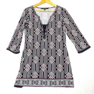 White House Black Market Tunic Top Dress Womens M Geometric Print 3/4 Sleeve